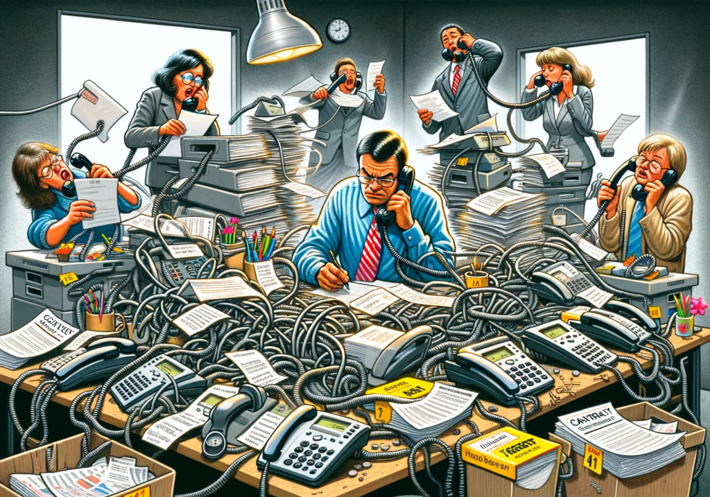 Ufficio caotico pieno di telefoni aziendali e confusione