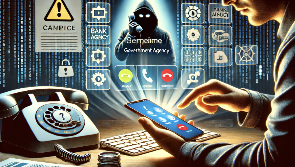 L'immagine creata rappresenta una persona che riceve una chiamata sospetta con un ID chiamante che mostra un nome fidato come "Banca" o "Agenzia Governativa", mentre sullo sfondo una figura ombrosa manipola un computer. Spoofing telefonico