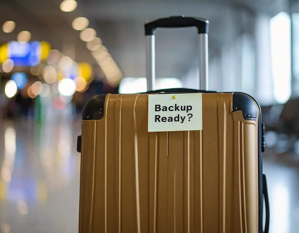 Valigia perfettamente chiusa con etichetta che chiede ‘Backup pronto?’, simbolo della partenza senza aver salvato i dati del cellulare