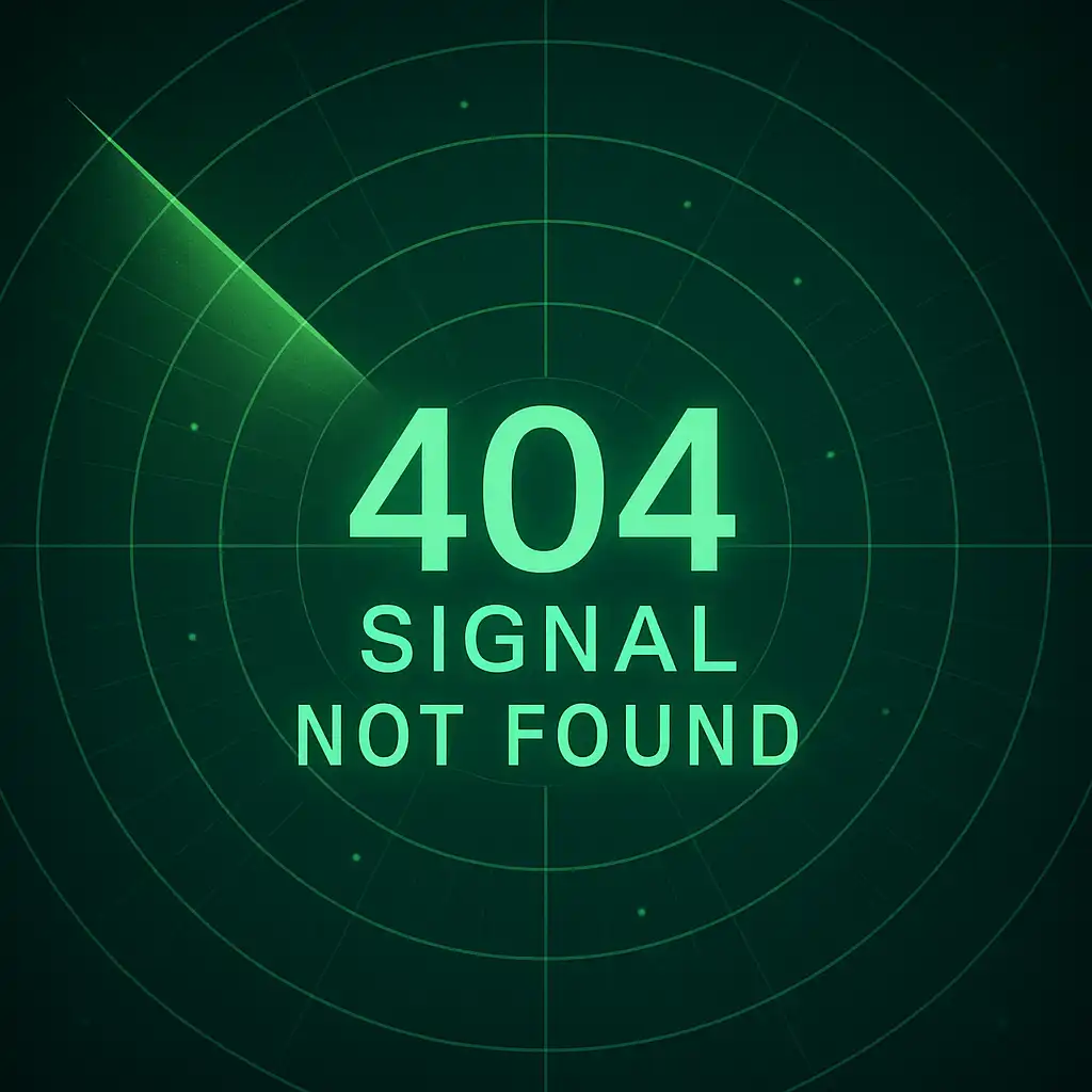 Immagine radar digitale con messaggio di errore 404 signal not found, simbolo del guasto alla rete TIM che ha bloccato il traffico aereo nel Nord Italia