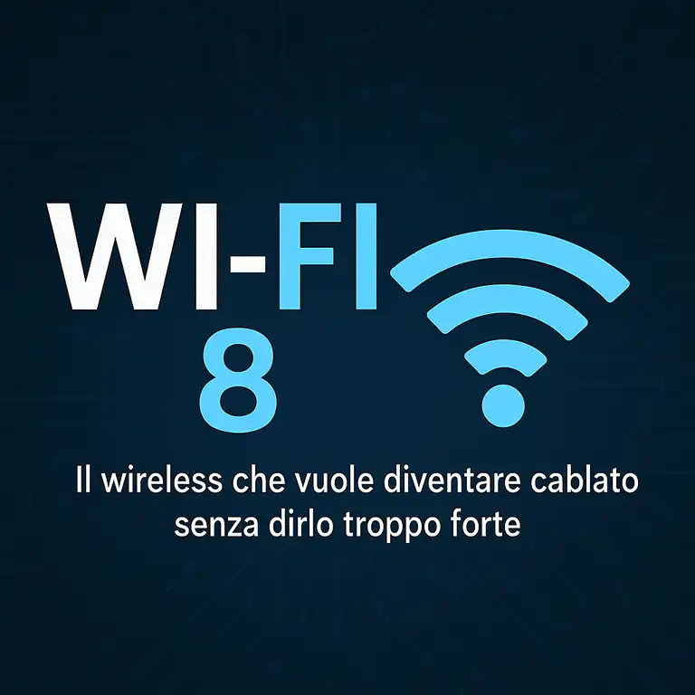 Grafica digitale con scritta WiFi 8 su sfondo tecnologico, copertina per l’articolo sul nuovo standard wireless