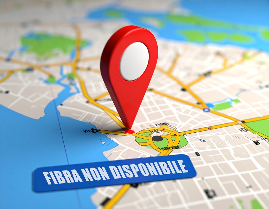 Mappa digitale con segnaposto rosso e messaggio di errore “fibra non disponibile al tuo indirizzo”