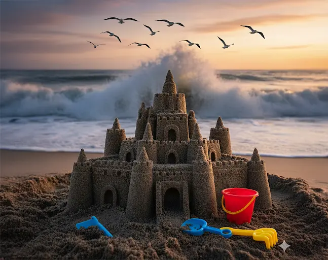 Castello di sabbia al tramonto minacciato da un’onda in arrivo, metafora del mercato delle telecomunicazioni fragile.