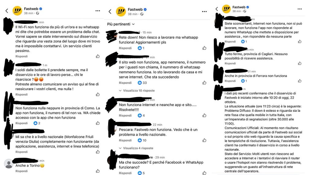 Screenshot dei commenti degli utenti su Facebook durante il blackout nazionale di Fastweb del 22 ottobre 2025, con segnalazioni da varie città italiane. Esempio concreto dell’importanza di un <strong>piano di backup internet aziendale</strong>.