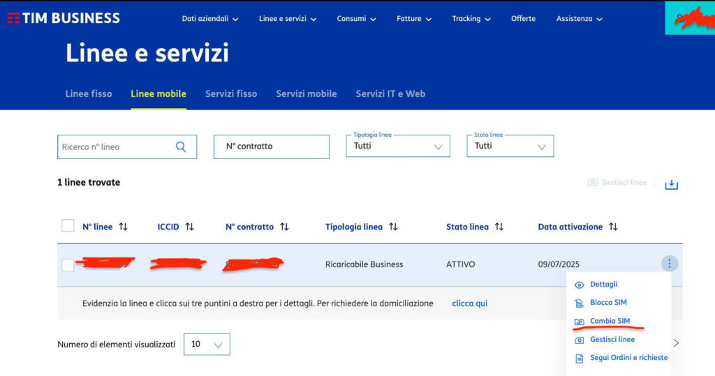 Screenshot TIM Business con opzione “Cambia SIM” per sostituzione della scheda