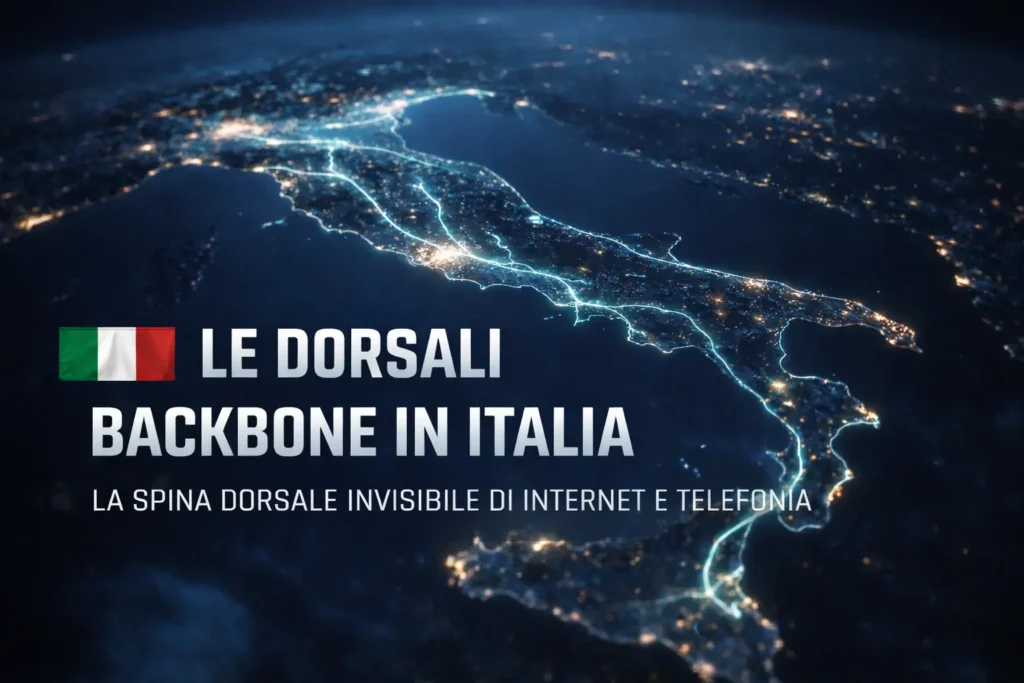 Dorsali backbone in Italia rappresentate come rete in fibra ottica che collega il Paese