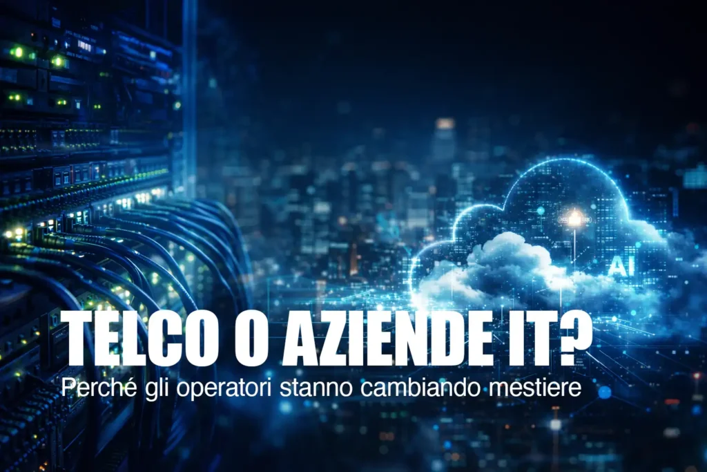 Infrastruttura di rete telecom con server e fibra ottica che si collega a cloud digitale e servizi IT, simbolo della trasformazione delle telco verso cloud e servizi digitali